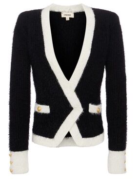 L'AGENCE Black & White Fuzzy Knit Blazer Cardigan